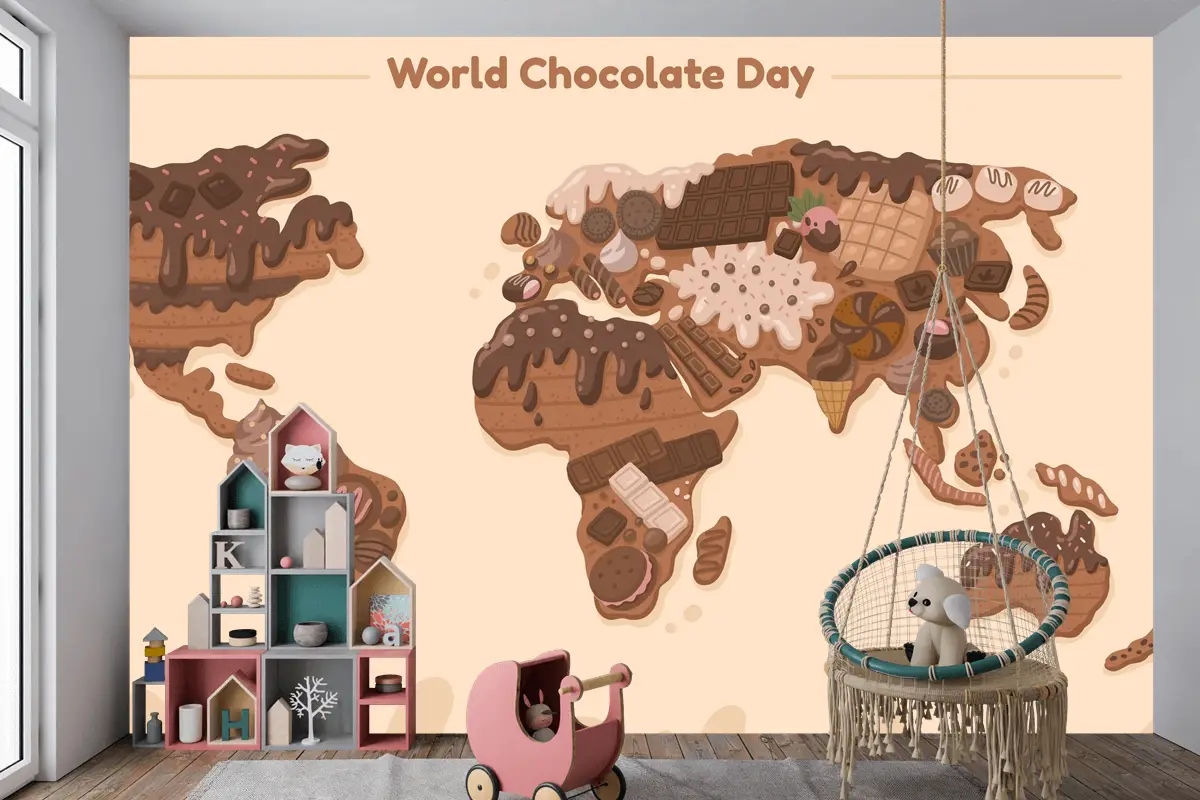 Düz Dünya Haritası Çikolata Günü Çocuk Odası Duvar Kağıdı