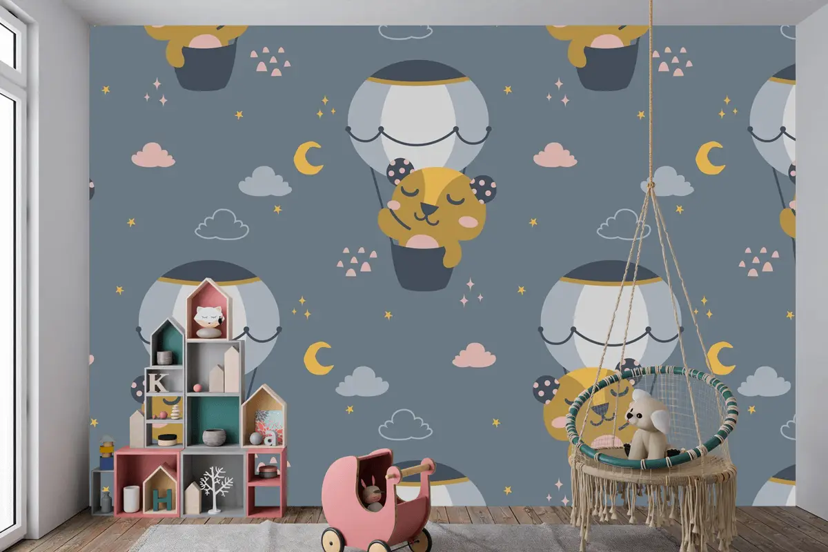 Uçan Sevimli Ayı İskandinav Desen Çocuk Odası Duvar Kağıdı