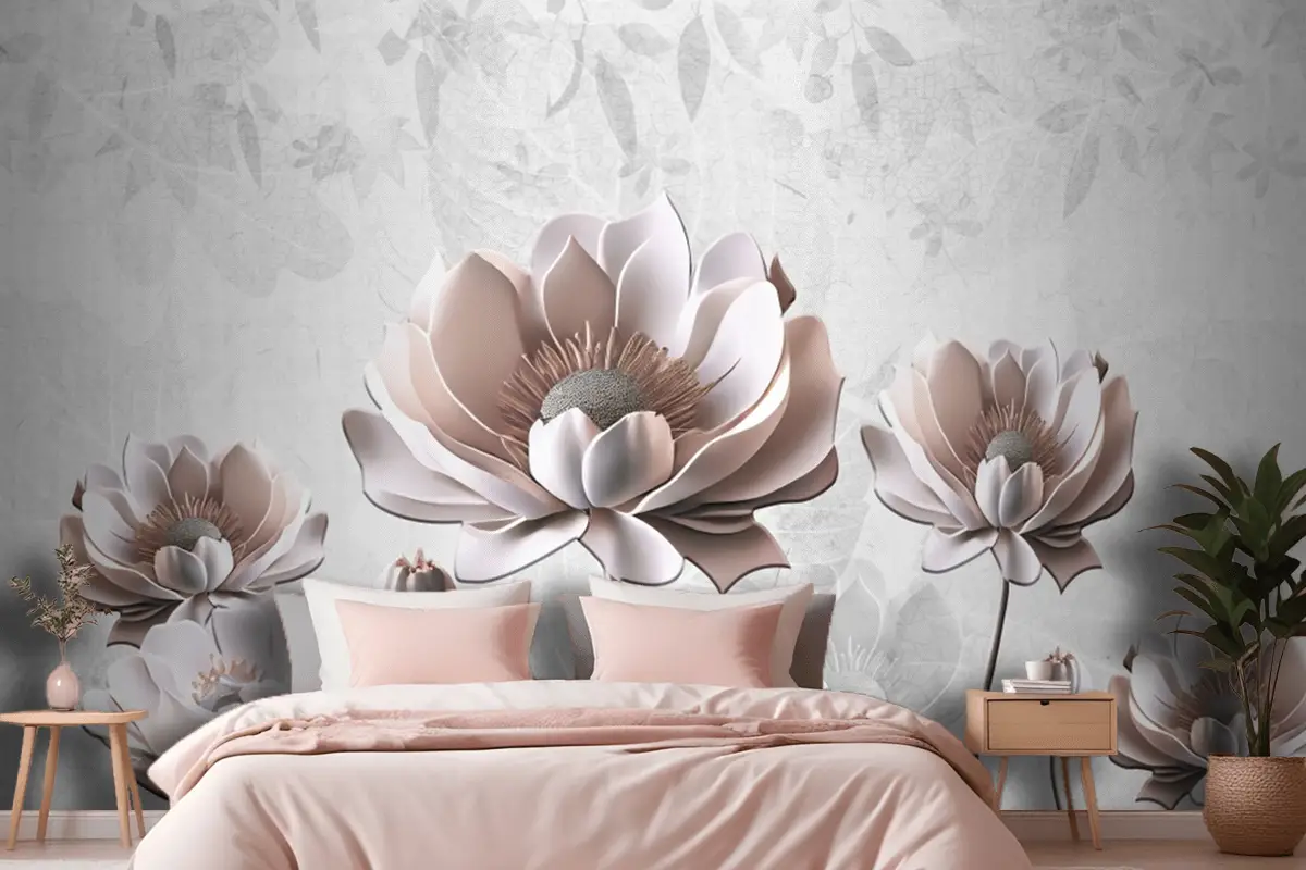 Çiçek Boyama Açık Gri Arka Plan Yatak Odası Duvar Kağıdı