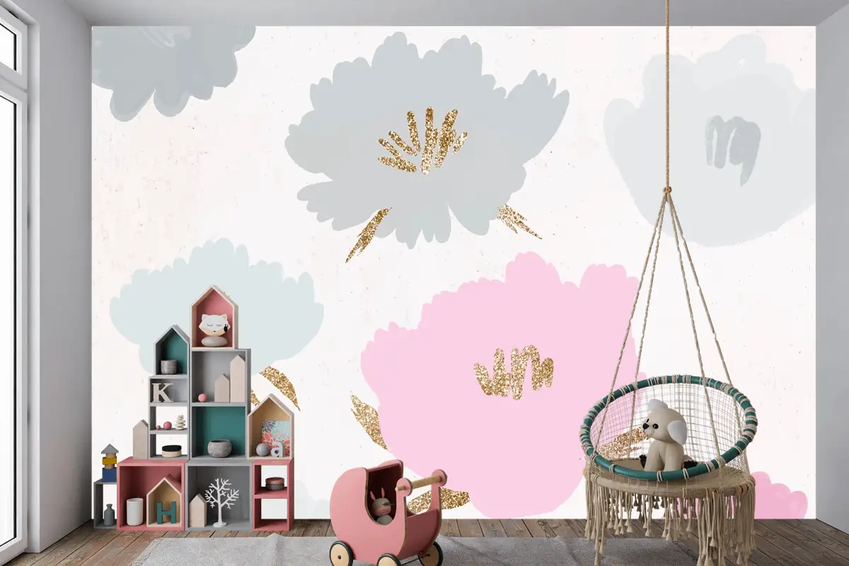 Çiçek Desenli Arka Plan Elle Çizilmiş Çocuk Odası Duvar Kağıdı 