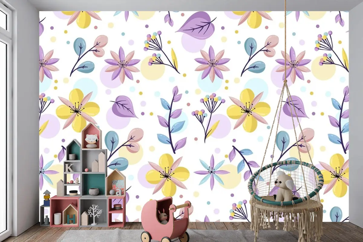 Pastel Renklerde Çiçek Desenli Çocuk Odası Duvar Kağıdı