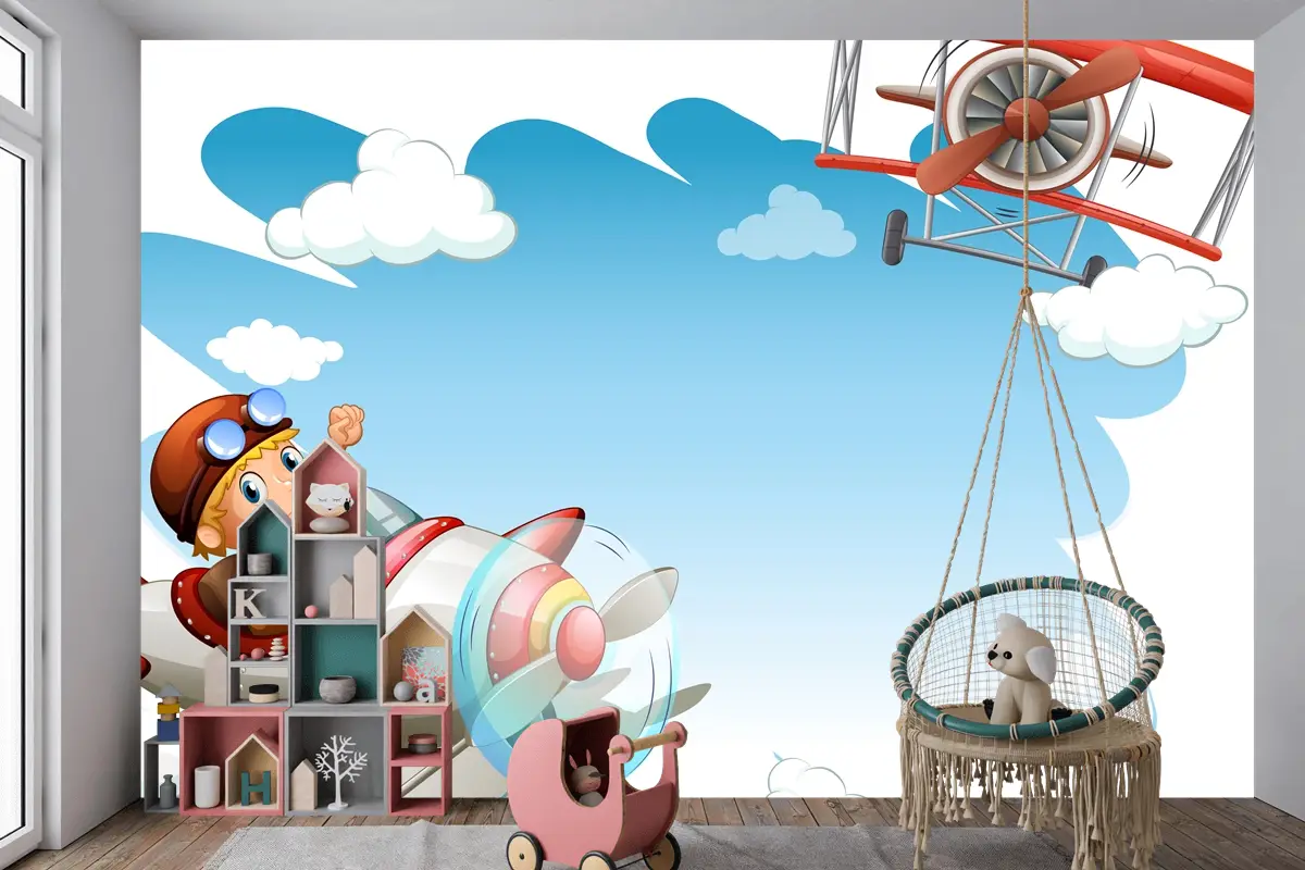 Uçan Jetler Çerçeve Çocuk Odası Duvar Kağıdı 