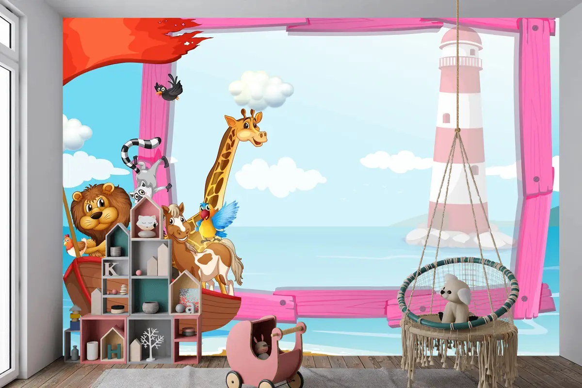 Teknede Vahşi Hayvanların Bulunduğu Çerçeve Çocuk Odası Duvar Kağıdı
