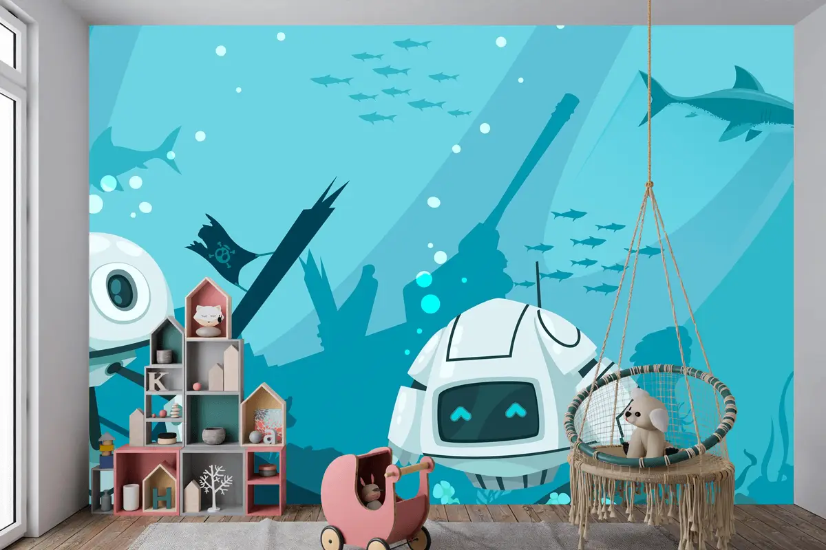 Fütüristik Robotlar Deniz Kompozisyonu Çocuk Odası Duvar Kağıdı