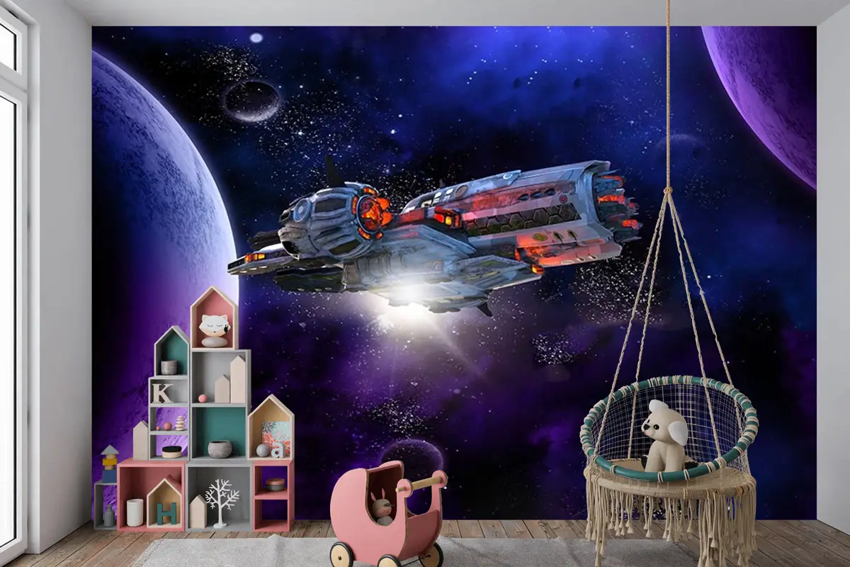 Galaksi Ve Uzay Gemisi Çocuk Odası Duvar Kağıdı