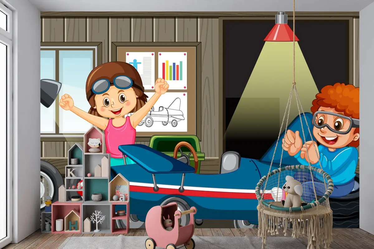 Çocukların Birlikte Araba Tamir Ettiği Garaj Sahnesi Çocuk Odası Duvar Kağıdı