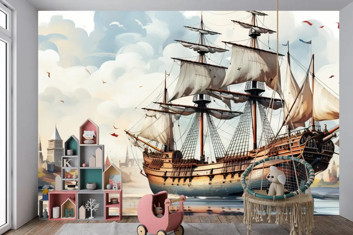 Geometrik Düz Tasarım Şehir Manzaralı Başkent Gün Batımı Çocuk Odası Duvar Kağıdı