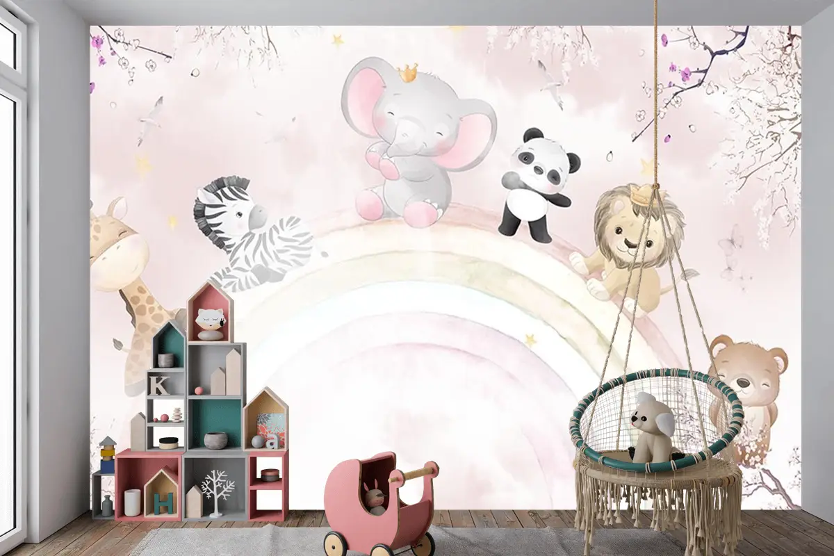 Gökkuşağı Üzerinde Sevimli Hayvanlar Çocuk Odası Duvar Kağıdı