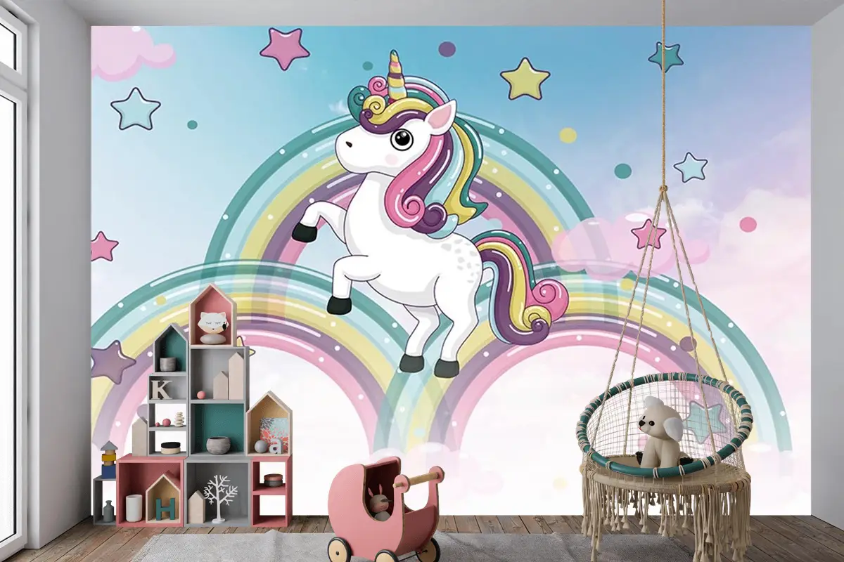 Gökkuşakları Üzerinde Unicorn Çocuk Odası Duvar Kağıdı