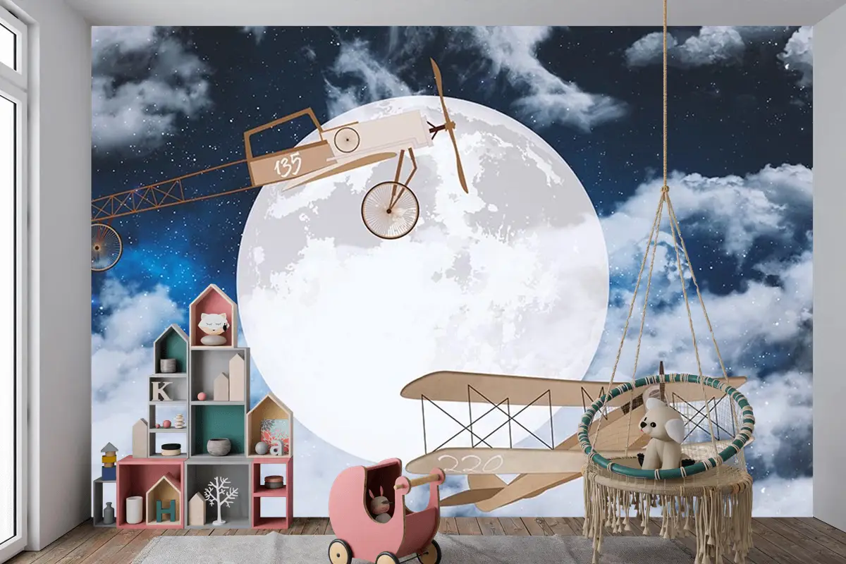 Gökyüzünde Ay Ve Uçaklar Çocuk Odası Duvar Kağıdı
