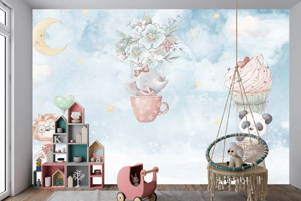 Gökyüzünde Fil Panda Çocuk Odası Duvar Kağıdı