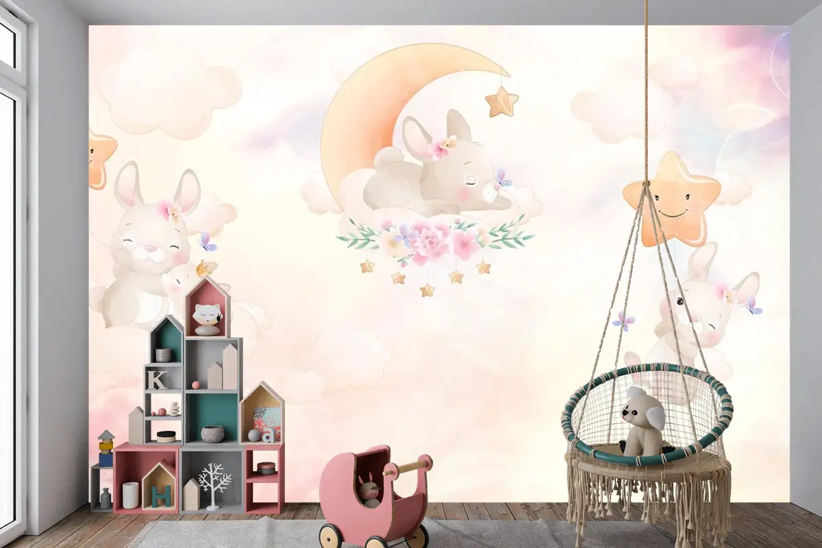 Gökyüzünde Sevimli Tavşanların Dünyası Çocuk Odası Duvar Kağıdı