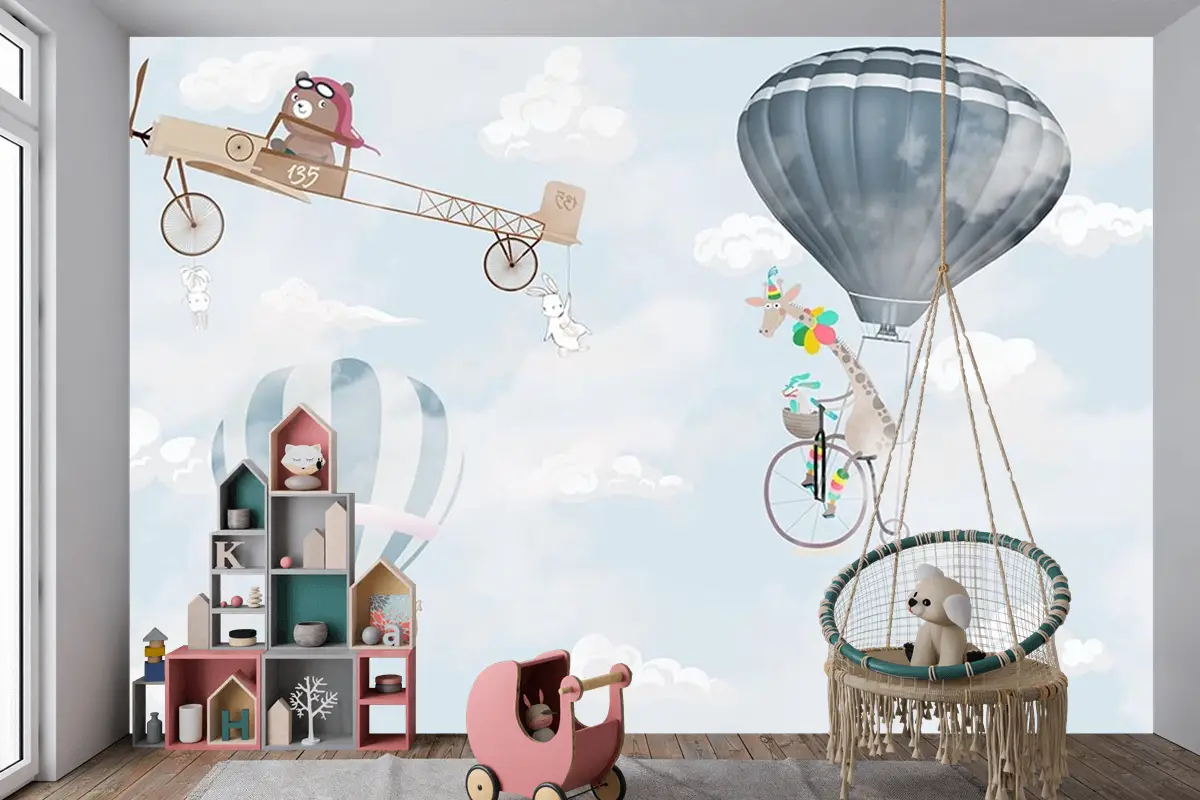 Gökyüzünde Uçak Balonlar Ve Sevimli Hayvanlar Çocuk Odası Duvar Kağıdı