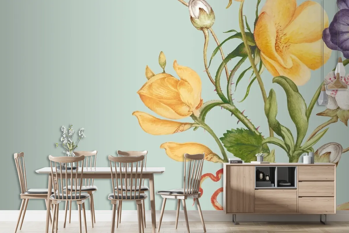 Pastel Kağıt Doku Stili Duvar Kağıdı Duvarında Yeşil Çiçek Arkaplan