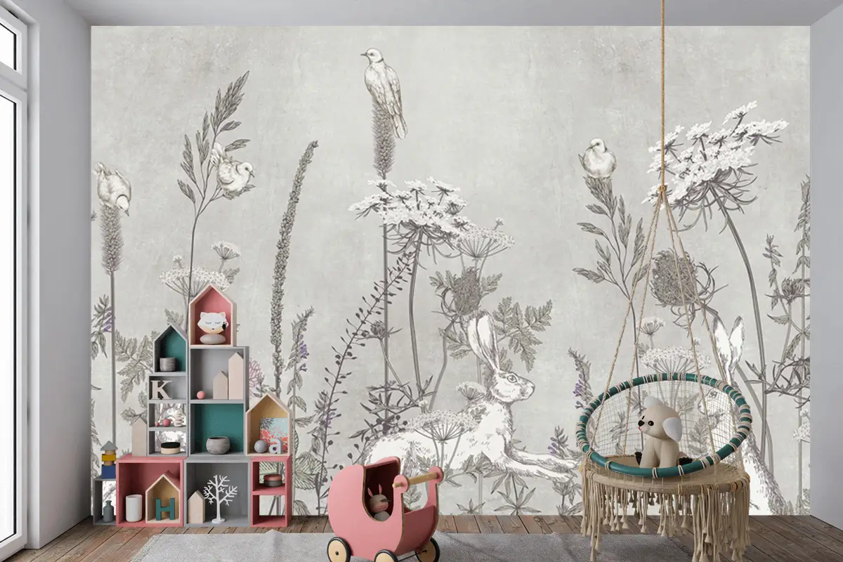 Gri Tavşanlar Ve Çiçekler Çocuk Odası Duvar Kağıdı