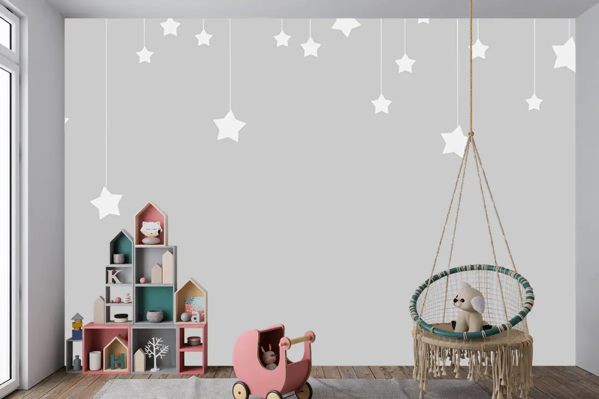 Gri Zemin Beyaz Yıldızlar Çocuk Odası Duvar Kağıdı