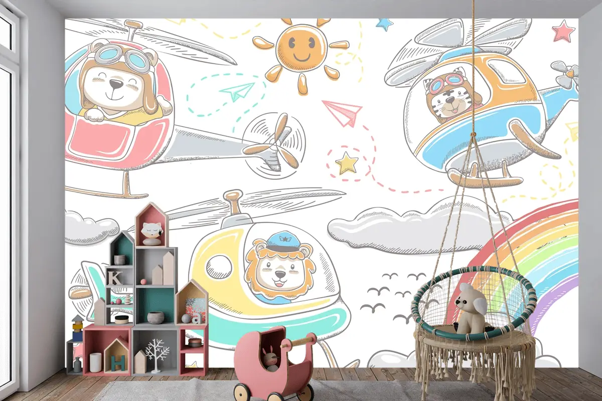 Helikopterlerde Elle Çizilmiş Komik Hayvanlar Karikatür Gökyüzü Nesne Öğeleri Karikatür Çocuk Odası Duvar Kağıdı Duvar