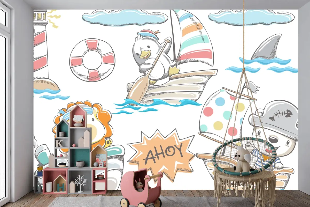 Elle Çizilmiş Komik Hayvanlar Deniz Elementleri Çocuk Odası Duvar Kağıdı