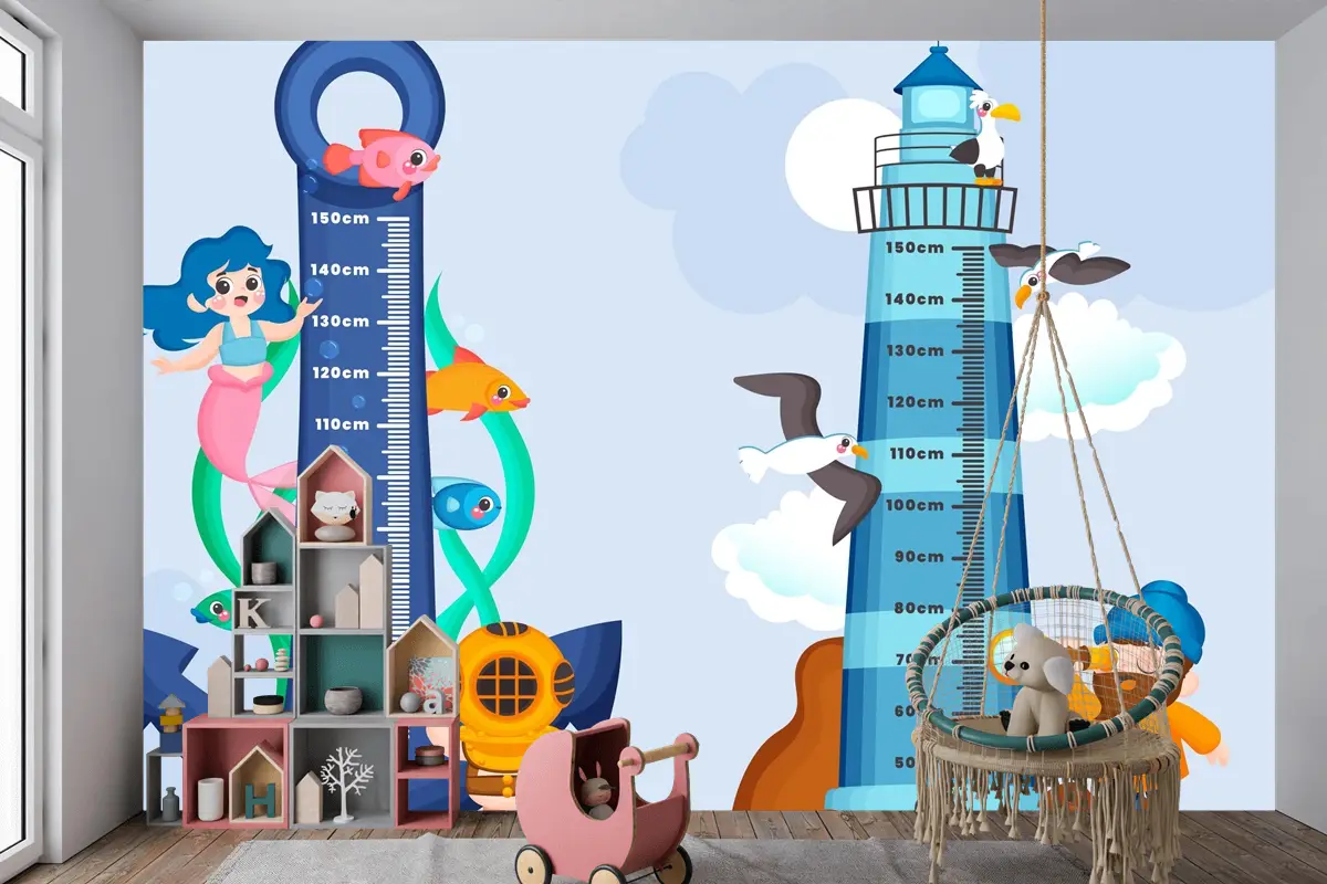 Elle Çizilmiş Yükseklik Ölçer Seti Çocuk Odası Duvar Kağıdı