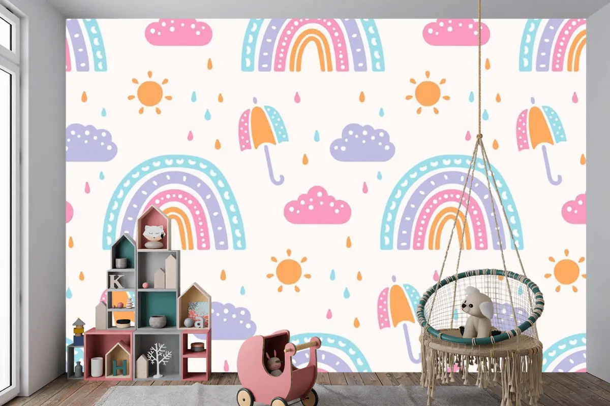 Elle Çizilmiş Gökkuşağı Desen Tasarımı Çocuklar Çocuk Odası Duvar Kağıdı