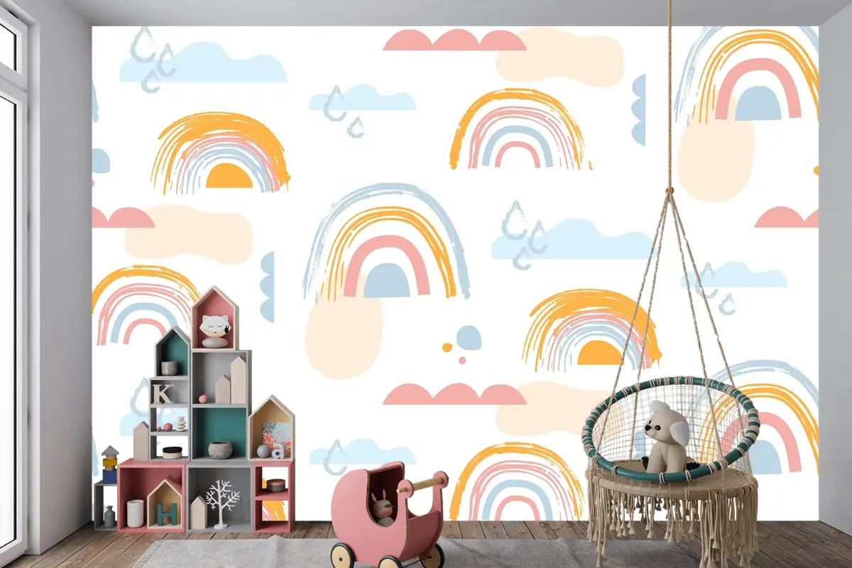 Elle Çizilmiş Gökkuşağı Desen Tasarımı Çocuk Odası Duvar Kağıdı
