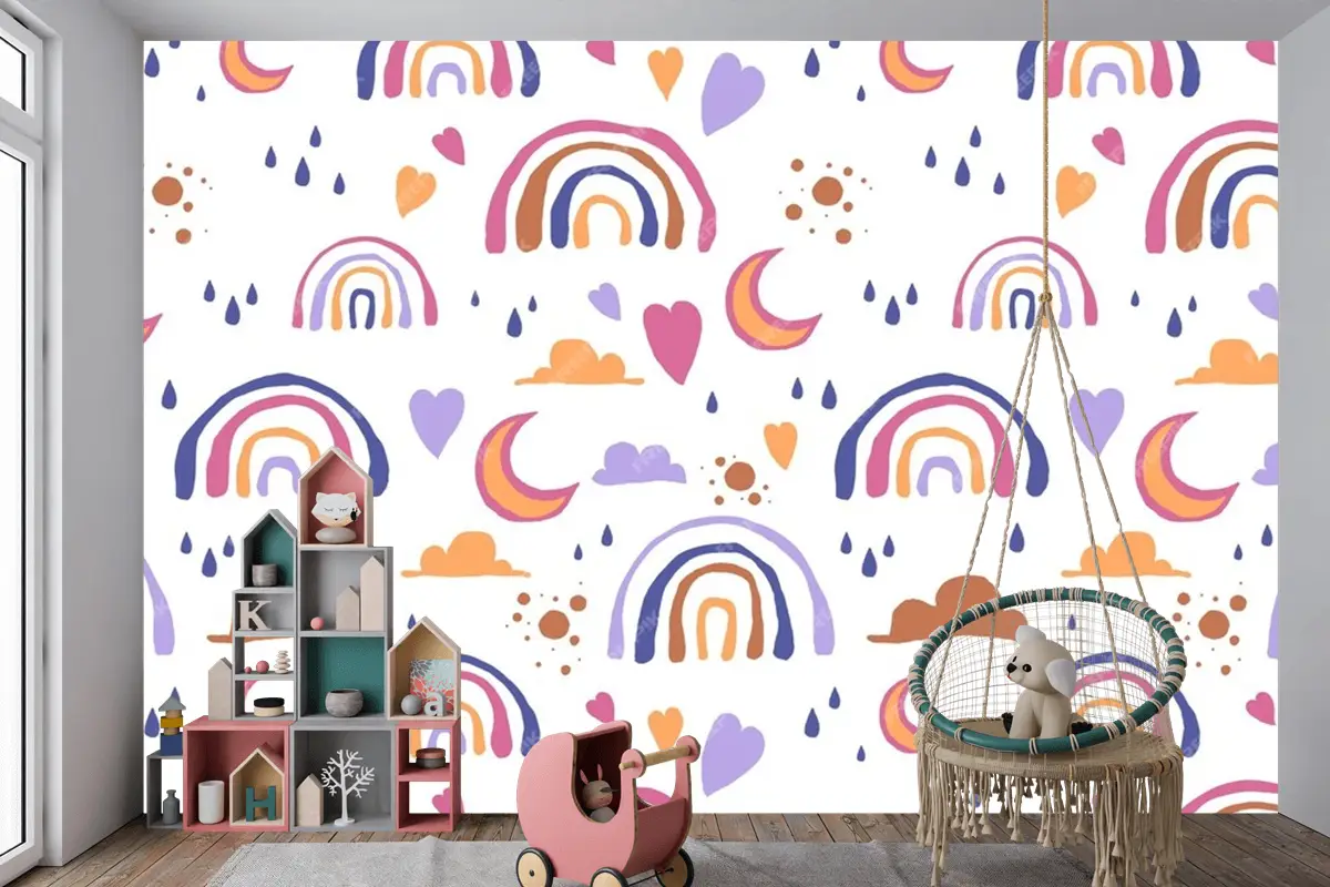 Elle Çizilmiş Gökkuşağı Desen Tasarımı Çocuk Odası Duvar Kağıdı