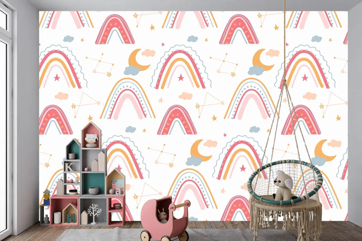 Elle Çizilmiş Gökkuşağı Desenli Çocuk Odası Duvar Kağıdı 