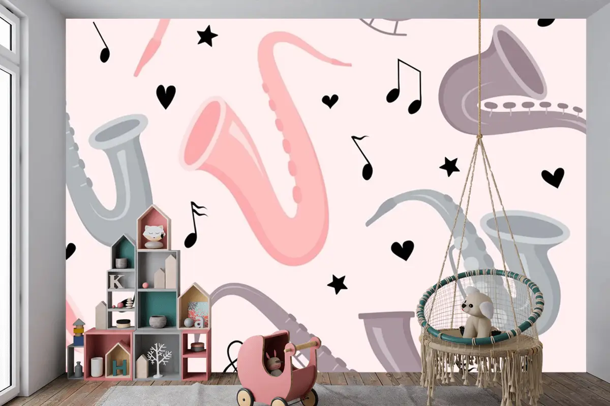 Elle Çizilmiş Saksafon Dikişsiz Desen Çocuk Odası Duvar Kağıdı