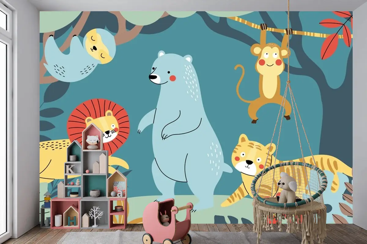 Elle Çizilmiş Yaban Hayatı Arka Plan Çocuk Odası Duvar Kağıdı 