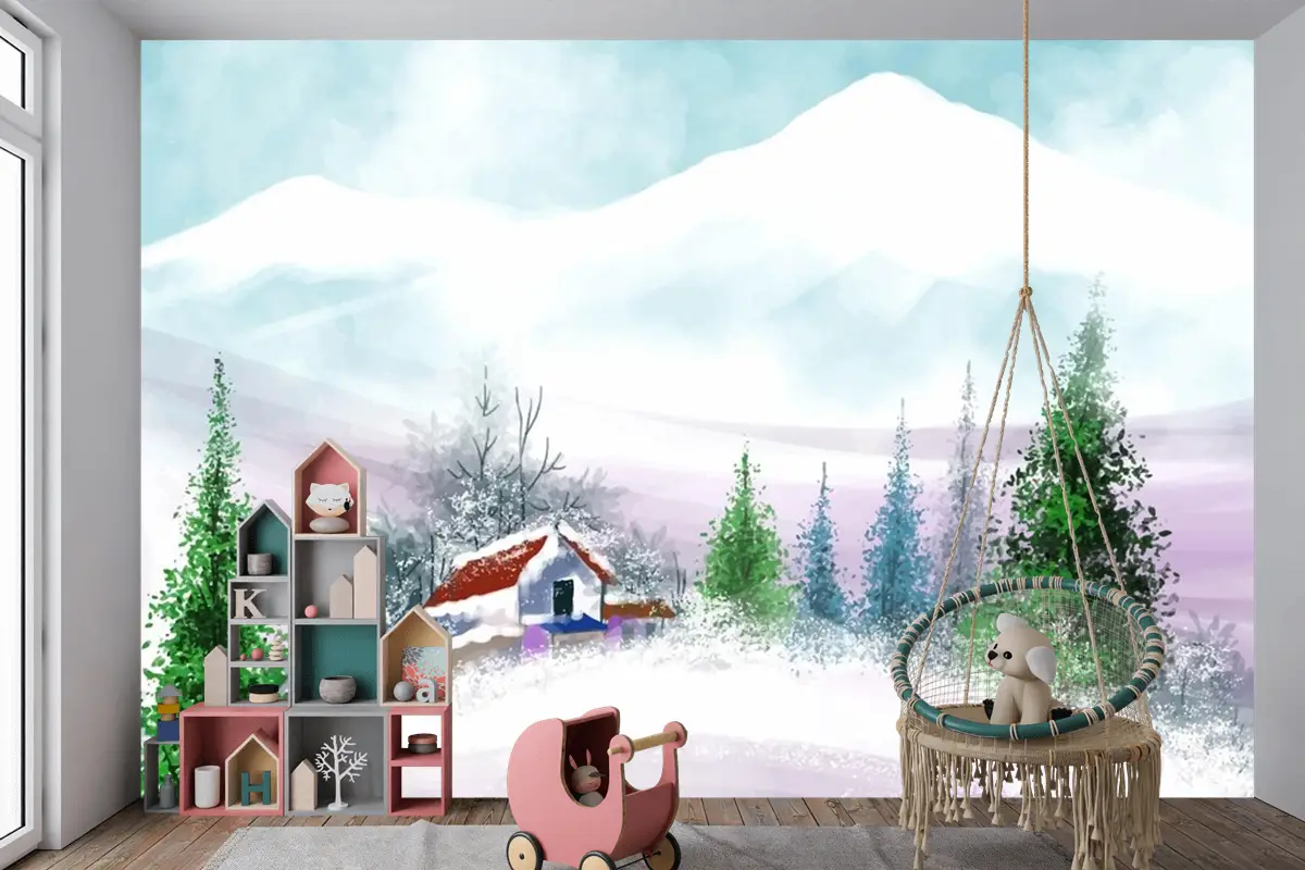 Noel Ve Yeni Yılınız Kutlu Olsun Çocuk Odası Duvar Kağıdı  İçin El Boyalı Suluboya Çizimi