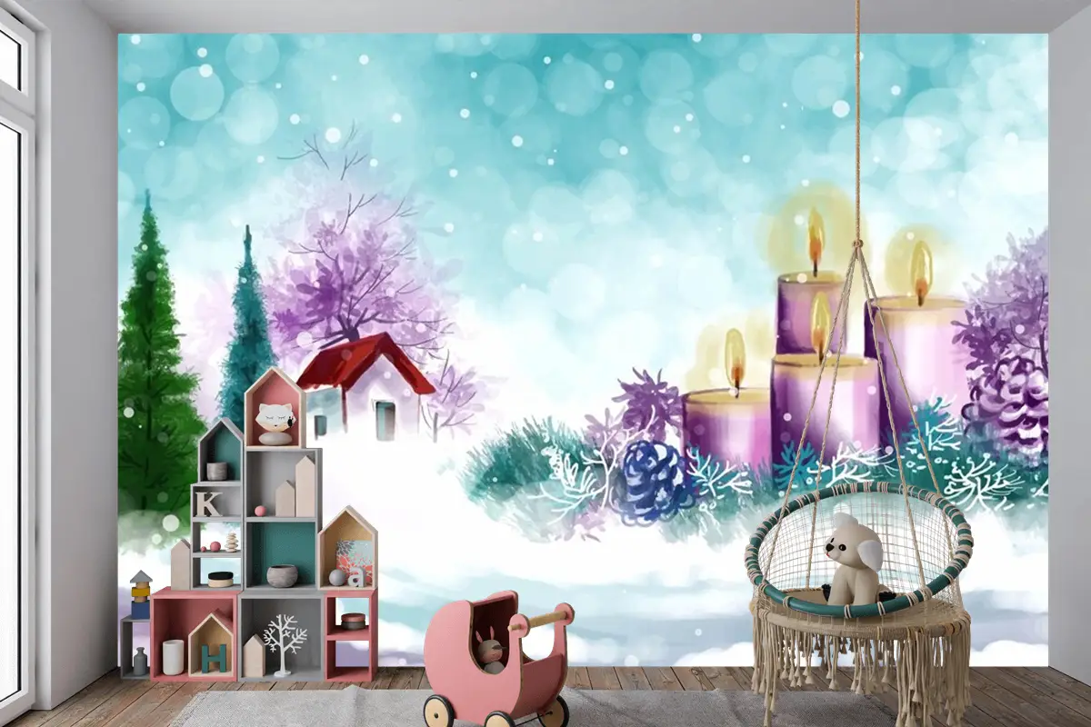 Noel Ve Mutlu Yeni Yıl Sezonu Çocuk Odası Duvar Kağıdı  Için El Boyalı Suluboya Çizimi