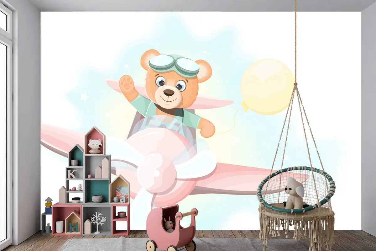 Uçakta Uçan Mutlu Ayıcık Çocuk Odası Duvar Kağıdı