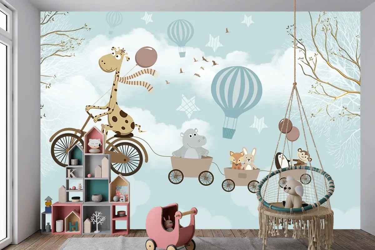 Hayvanlar Fil Zürafa Çocuk Odası Duvar Kağıdı