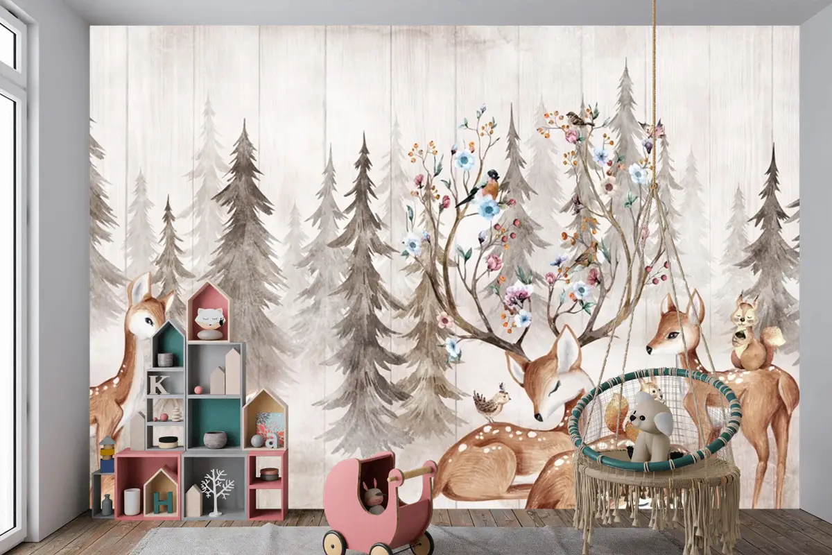 Hayvanlarla Suluboya Orman Geyik Çocuk Odası Duvar Kağıdı