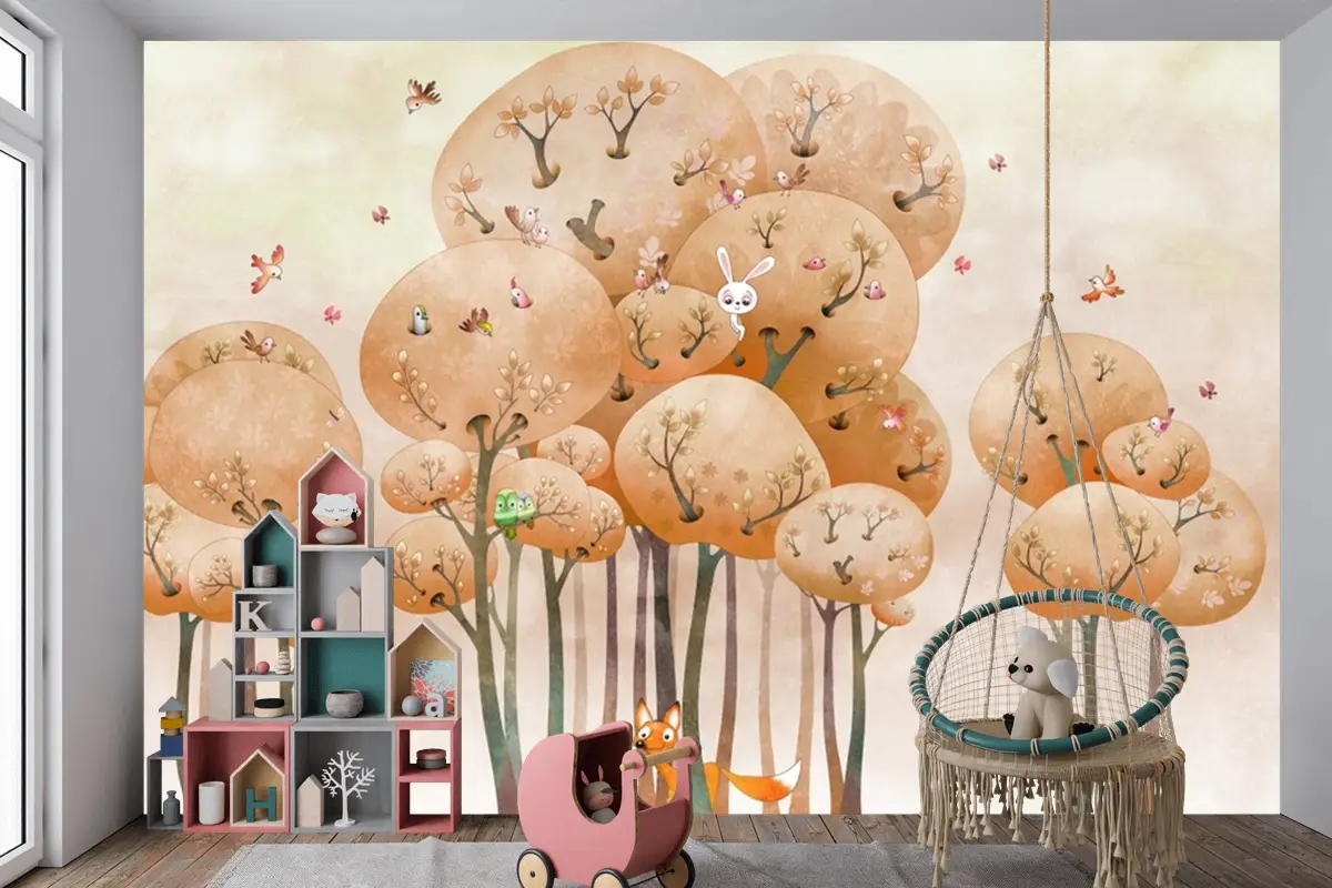 Hayvanlı Suluboya Orman Sonbahar Tilki Çocuk Odası Duvar Kağıdı