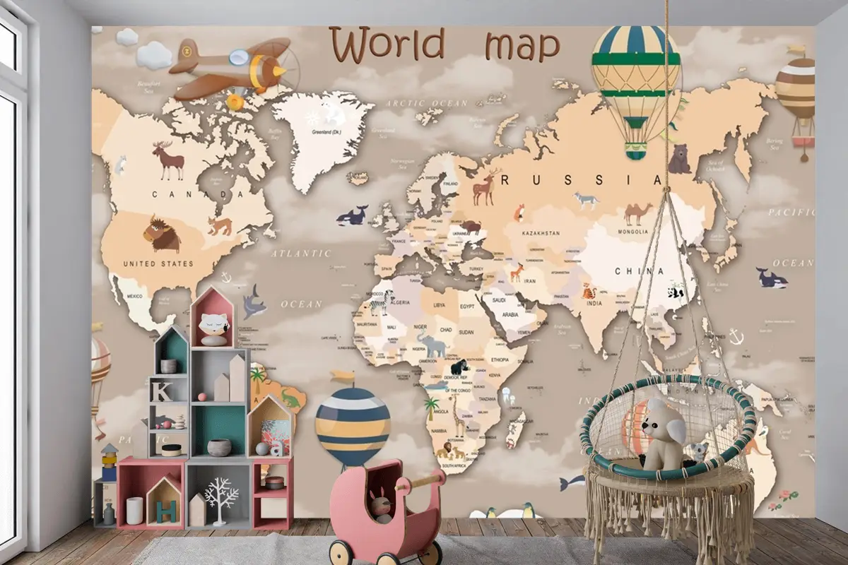 Hayvanlı Ve Sıcak Hava Balonlu Dünya Haritası Çocuk Odası Duvar Kağıdı