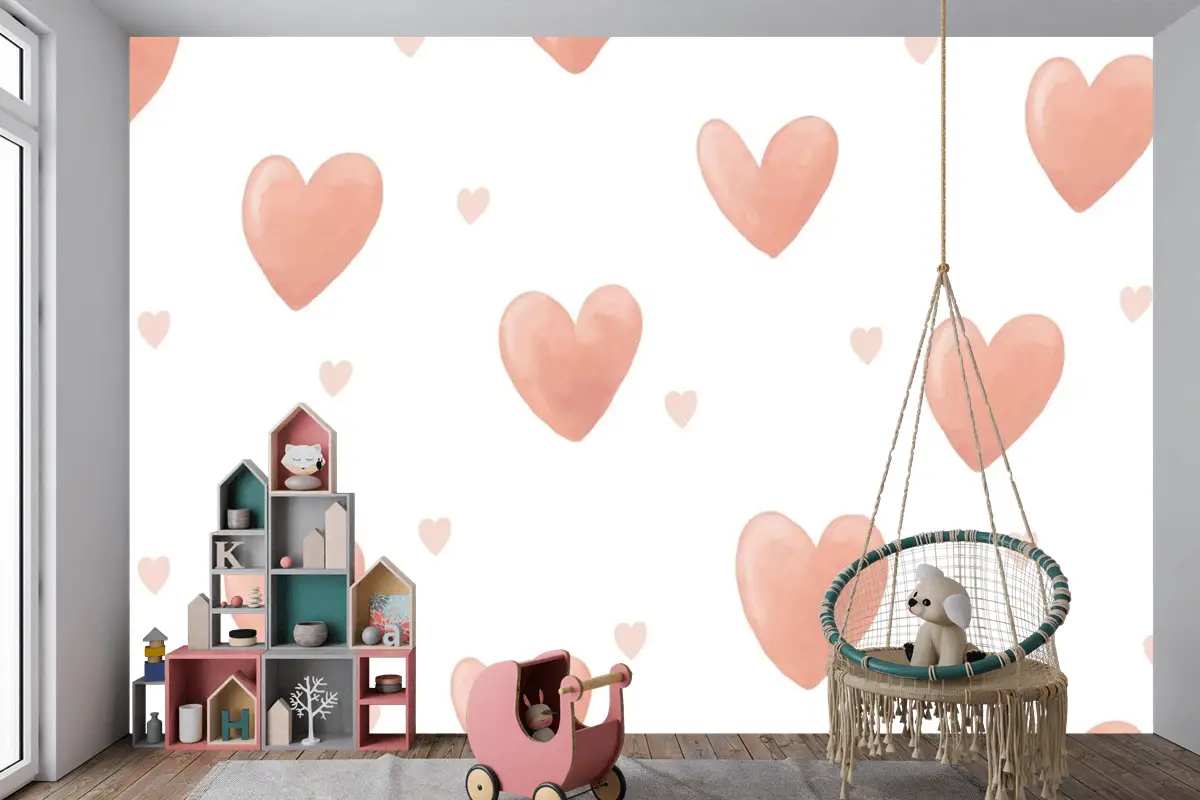 Kalp Arka Plan Sevimli Suluboya Çocuk Odası Duvar Kağıdı 