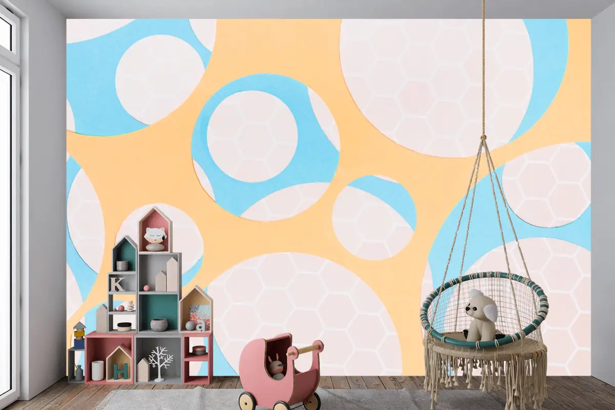 Sarı Çocuk Odası Duvar Kağıdı Duvar Üzerinde Daire Şeklinde Petek Deseni