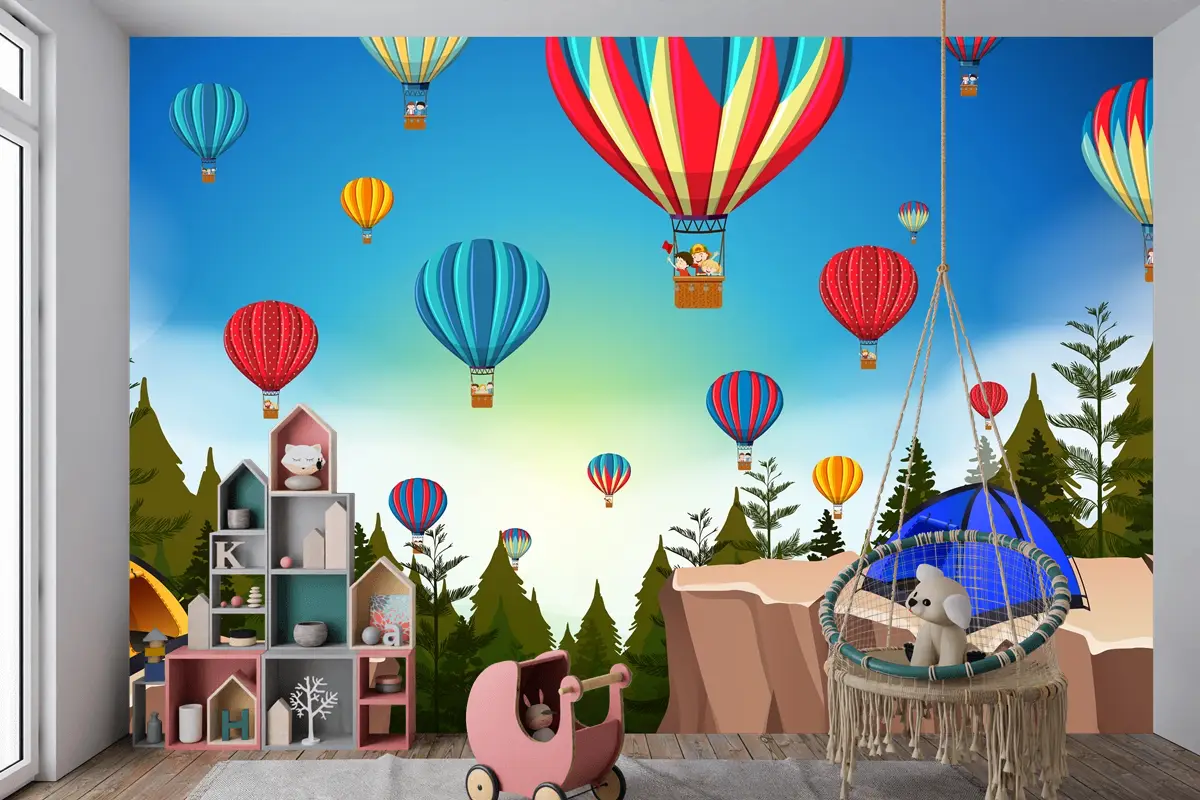 Doğada Sıcak Hava Balonu Manzara Çocuk Odası Duvar Kağıdı