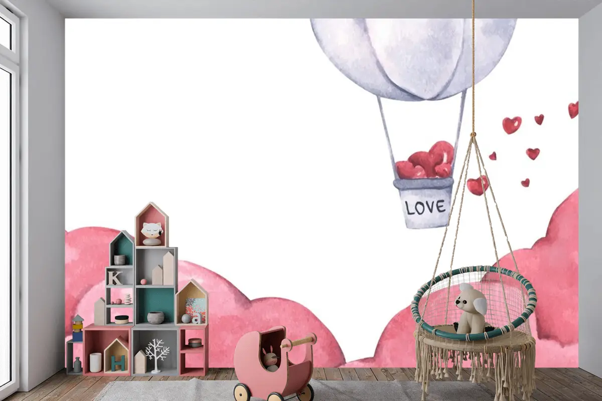 Sıcak Hava Balonu Gökyüzünde Yüzen Kalpli Çocuk Odası Duvar Kağıdı