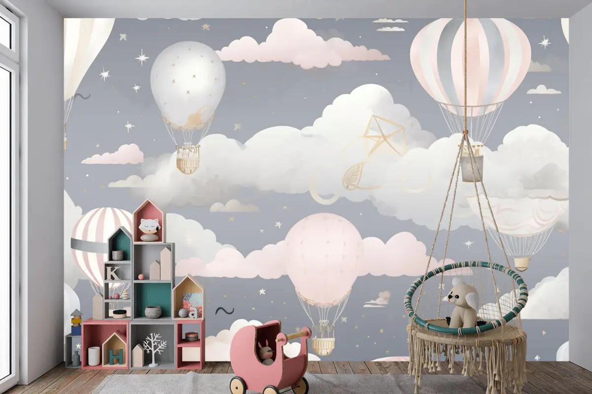 Bulutlarla Gökyüzünde Uçan Sıcak Hava Balonları Çocuk Odası Duvar Kağıdı