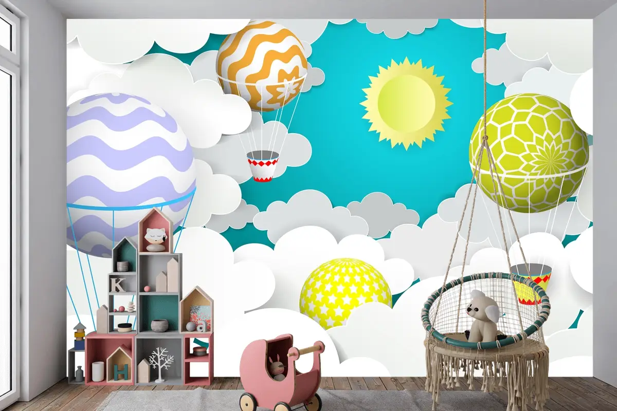 Gökyüzünde Sıcak Hava Balonları Kağıt Sanat Tarzı Çocuk Odası Duvar Kağıdı