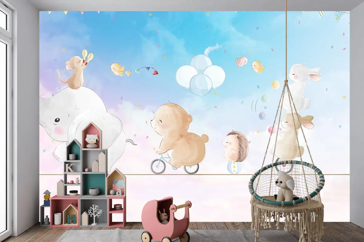 İp Üstünde Mutlu Hayvanlar Çocuk Odası Duvar Kağıdı