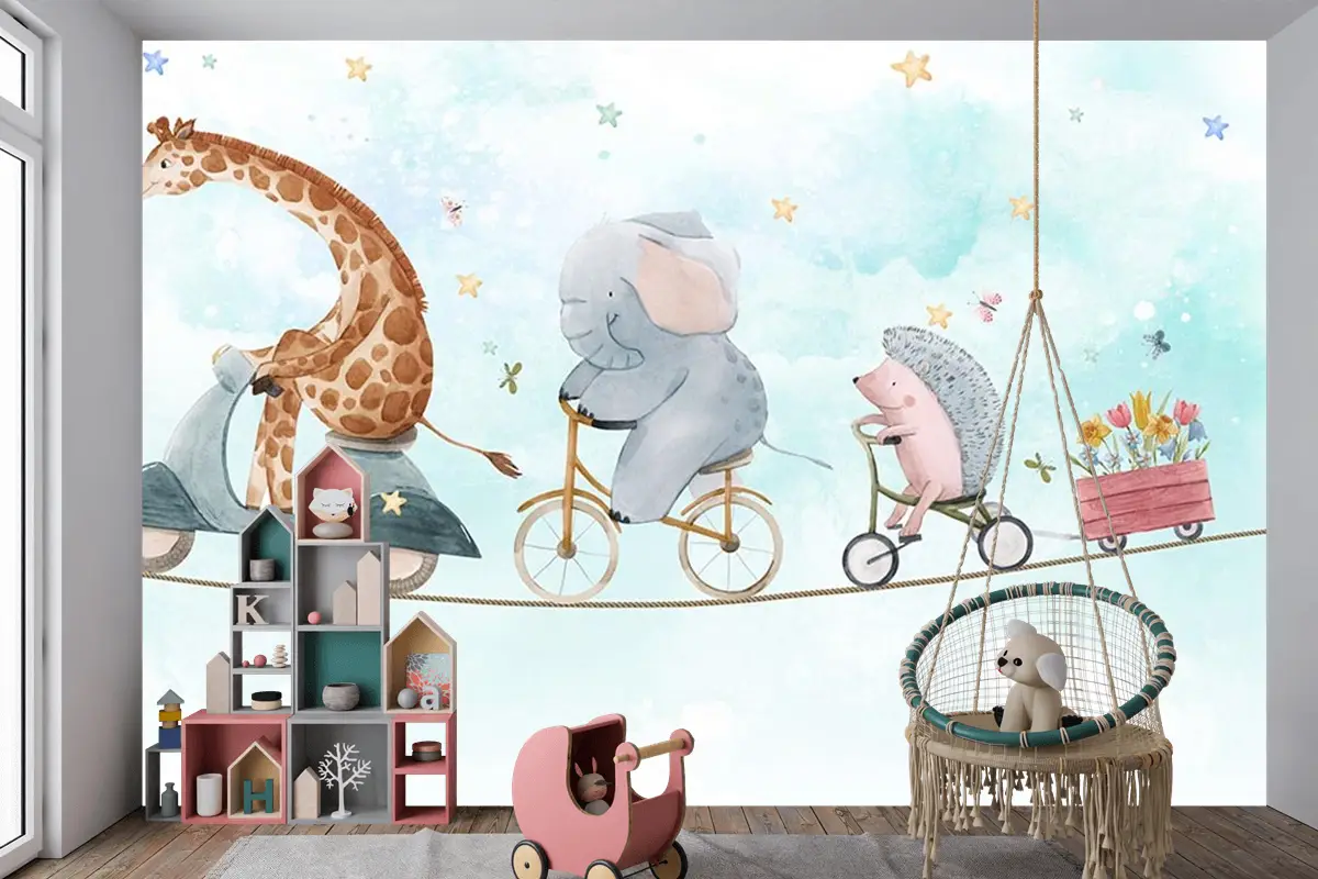 İp Üzerinde Bisiklet Süren Sevimli Hayvanlar Çocuk Odası Duvar Kağıdı