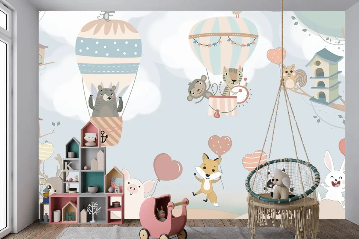 İskandinav Hayvanları Sıcak Hava Balonları Çocuk Odası Duvar Kağıdı