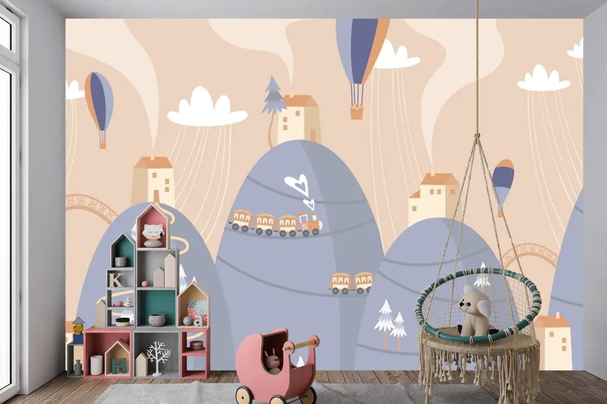 İskandinav Manzara Tepeler Sıcak Hava Balonları Tren Çocuk Bebek Odası Duvar Kağıdı