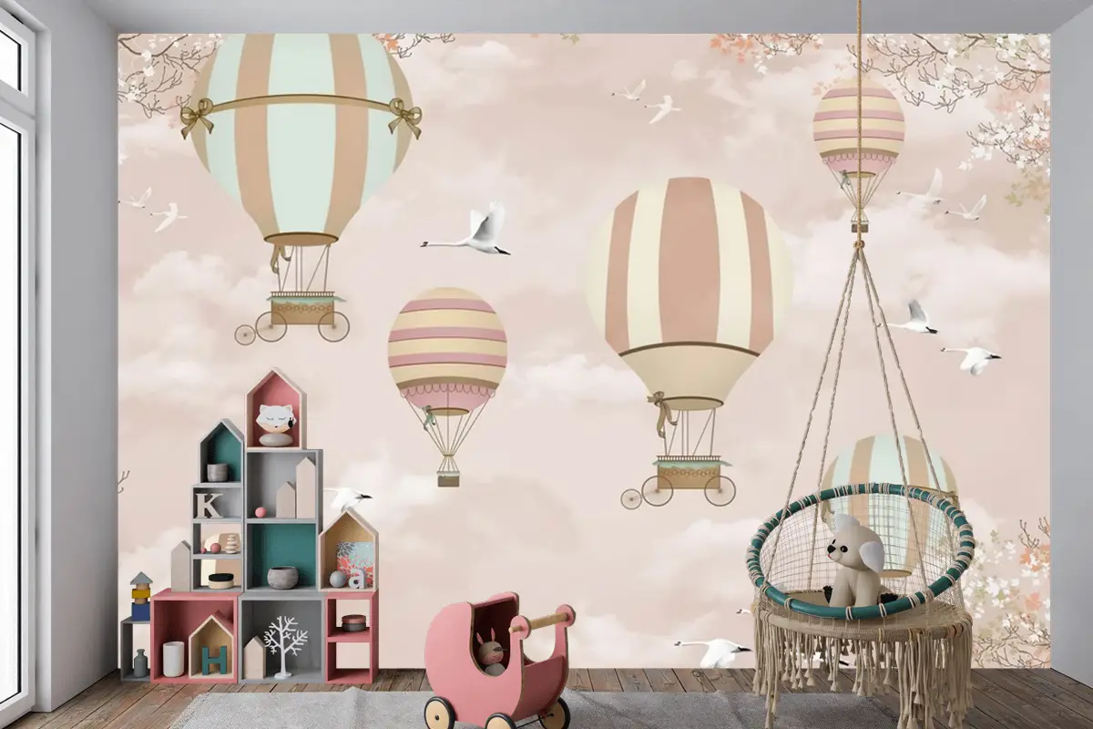Kanatlı Balonlar Ve Uçaklar Bebek Çocuk Odası Duvar Kağıdı