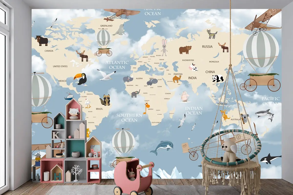 Keşif ve Oyun Temalı Harita Desenli Çocuk Odası Duvar Kağıdı
