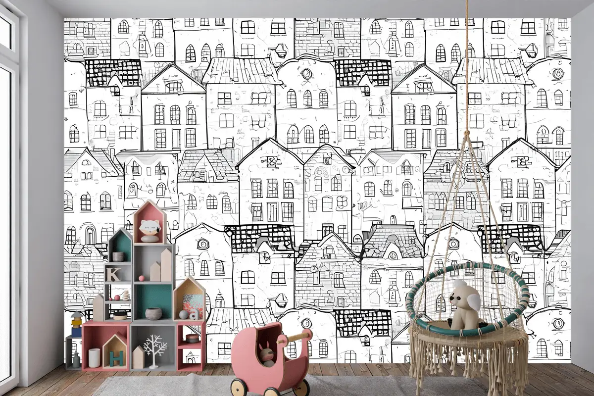 Çocuklar Siyah Beyaz Eskiz Ev Çocuk Odası Duvar Kağıdı 