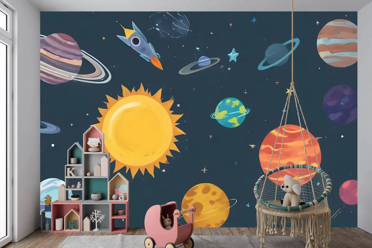 Kids Boys Suluboya Uzay Ve Güneş Sistemi Çocuk Odası Duvar Kağıdı